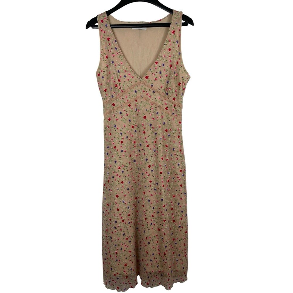 VTG Y2K Portrait Tan Ditsy Floral Babydoll Sleeveless Mesh Sheer Lined Dress L